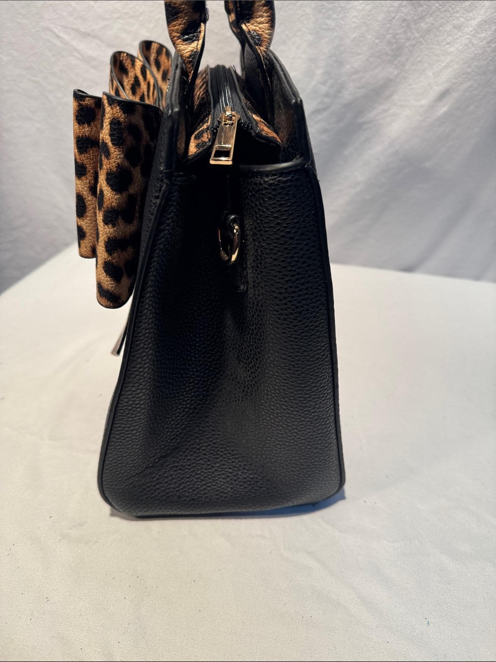 Black Satchel with Leopard Bow Accent - Picture 3 of 15